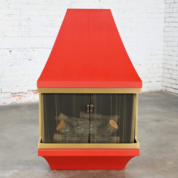 1960’s Mid-Century Modern Electric Wall Fireplace Orange with Gold Tone Trim Attributed to Montgomery Ward Style House