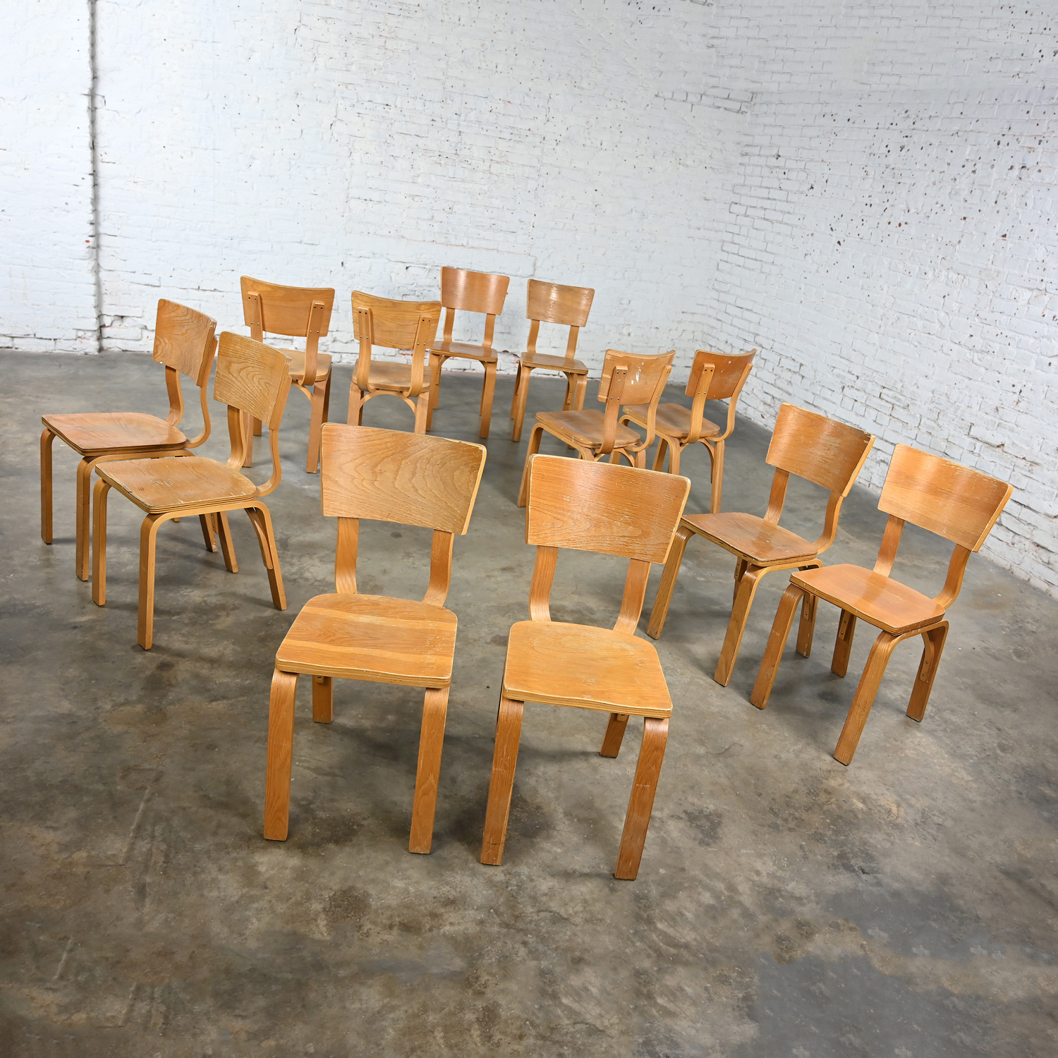 Set 12 Mid-20th Century MCM Thonet #1216 Dining Chairs Bent Oak Plywood Saddle Seat Single Bow