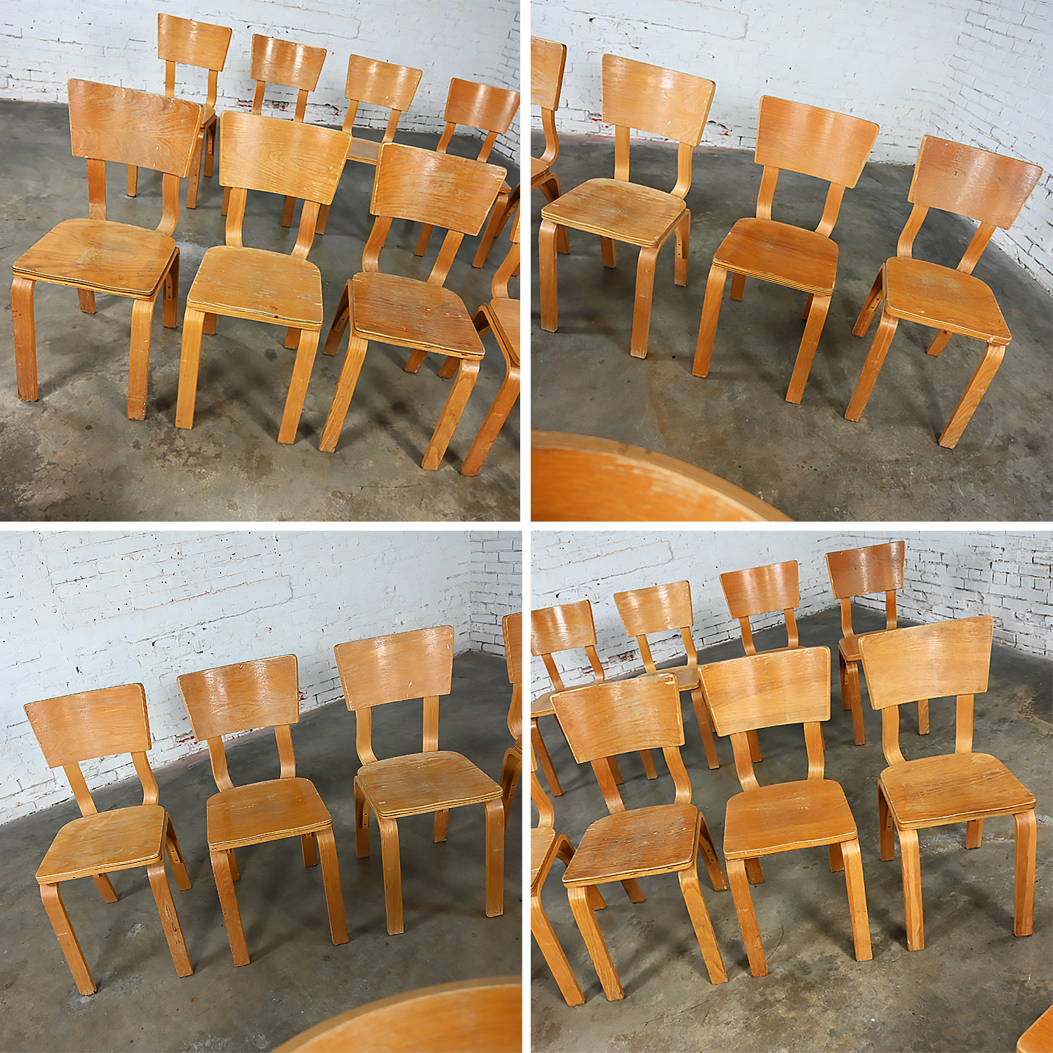 Set 4 Mid-20th Century MCM Thonet #1216 Dining Chairs Bent Oak Plywood Saddle Seat Single Bow