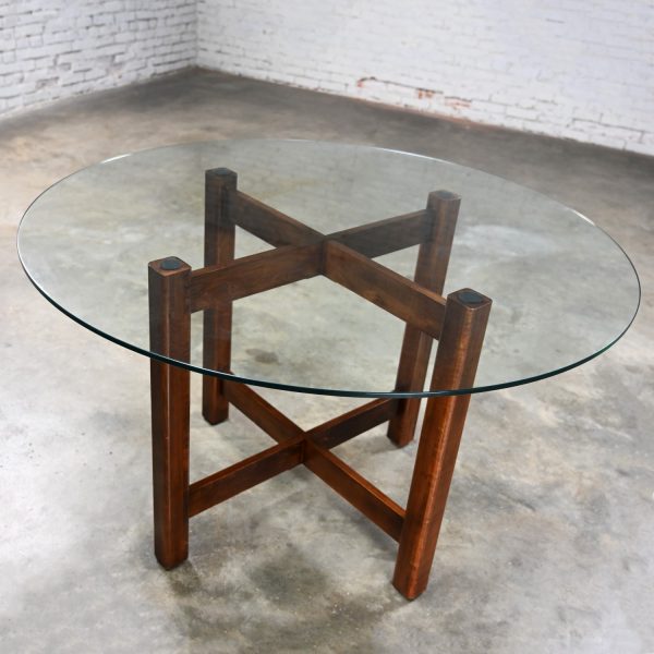 Late 20th Century Modern Walnut X-Base Dining Room Table with Round Tempered Glass Top