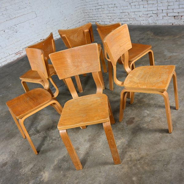 Set 6 Mid-20th Century MCM Thonet #1216 Dining Chairs Bent Oak Plywood Saddle Seat Single Bow