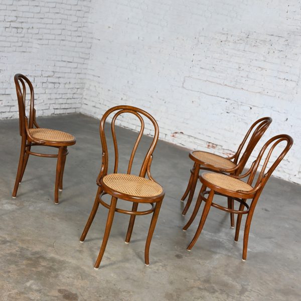 Four Late 19th to Early 20th Century Bauhaus Style #18 Café Chairs by Thonet Bentwood Frames & Hand Caned Seats