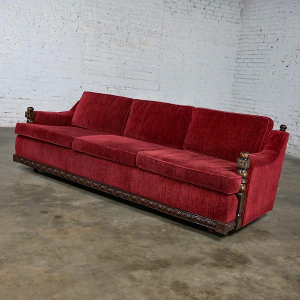 1970’s Spanish Revival Rustic Red Chenille Sofa in the Style of Artes De Mexico Internationales