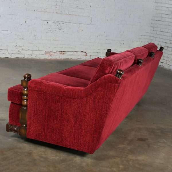 1970’s Spanish Revival Rustic Red Chenille Sofa in the Style of Artes De Mexico Internationales