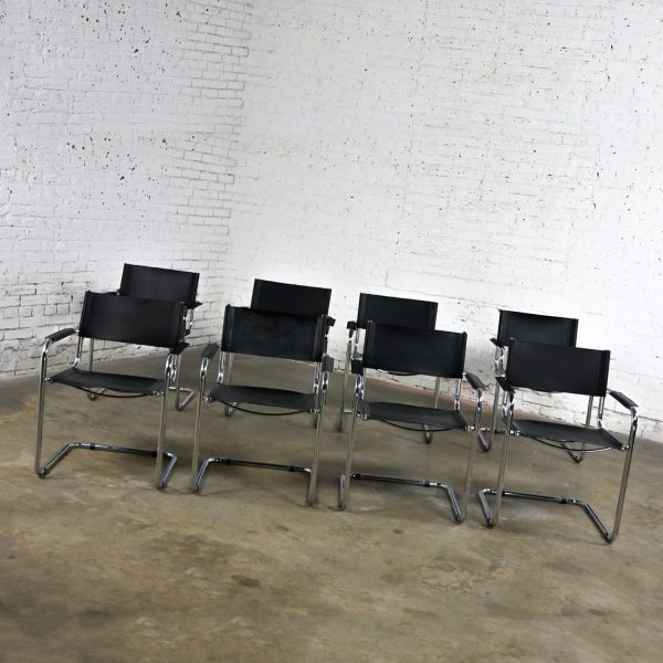 Late 20th Century Bauhaus Black Leather & Chrome Cantilever Italian Chairs Attributed to Mart Stam Set of 8