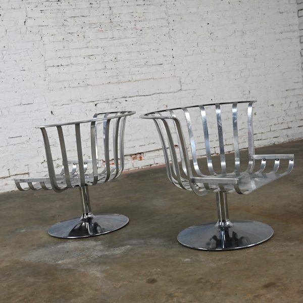 1960’s MCM Polished Aluminum Barrel Swivel Lounge Chairs with Chrome Tulip Base by Russell Woodard a Pair