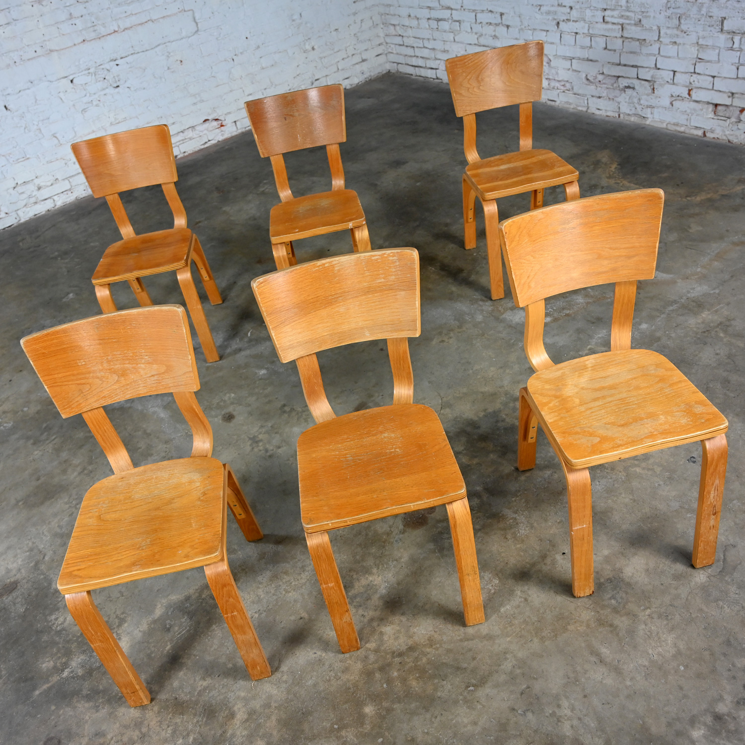 Set 6 Mid-20th Century MCM Thonet #1216 Dining Chairs Bent Oak Plywood Saddle Seat Single Bow