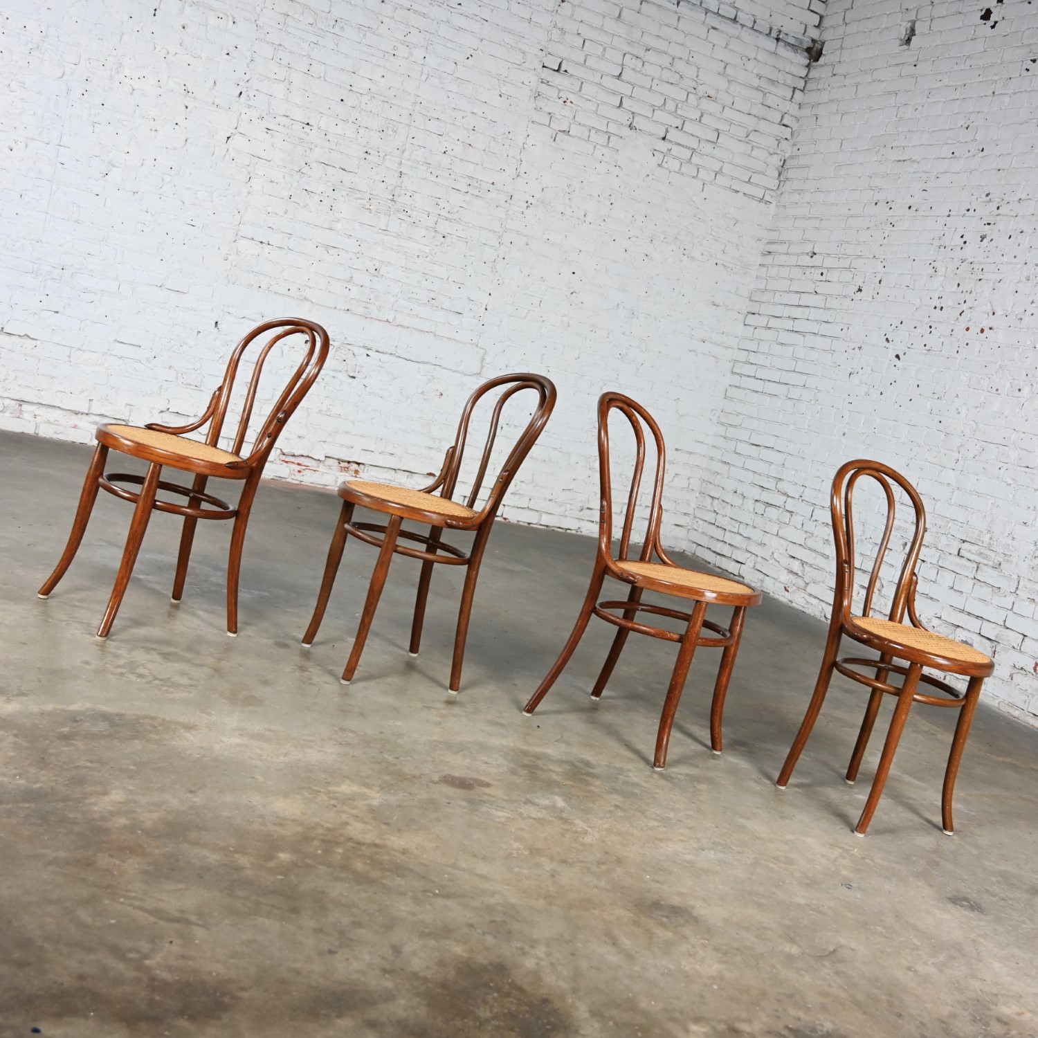 Four Late 19th to Early 20th Century Bauhaus Style #18 Café Chairs by Thonet Bentwood Frames & Hand Caned Seats