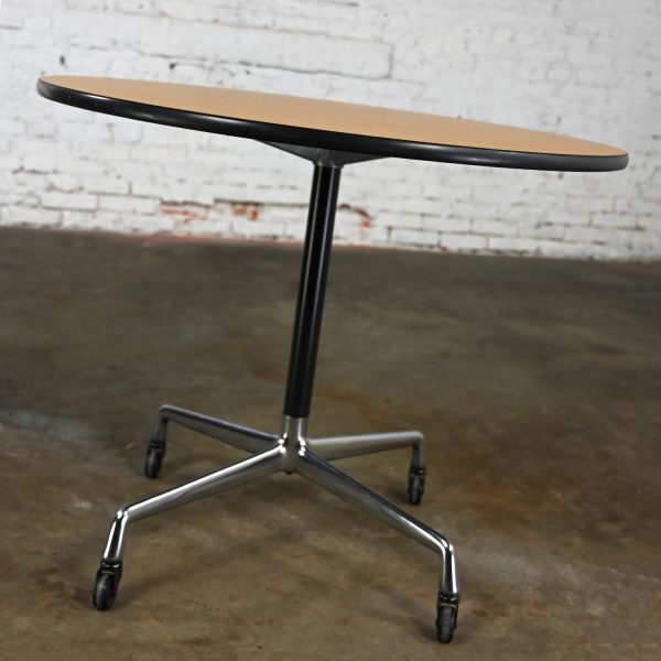 Vintage MCM Eames for Herman Miller Table Aluminum Universal Base with Black Casters & 36” Round Blonde Laminate Top