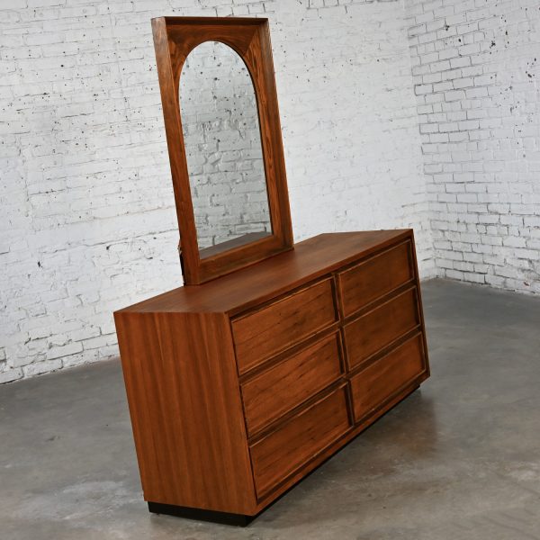 Mid Century Modern 6 Drawer Dresser with Framed Arch Mirror by Dillingham Walnut & Pecky Cypress