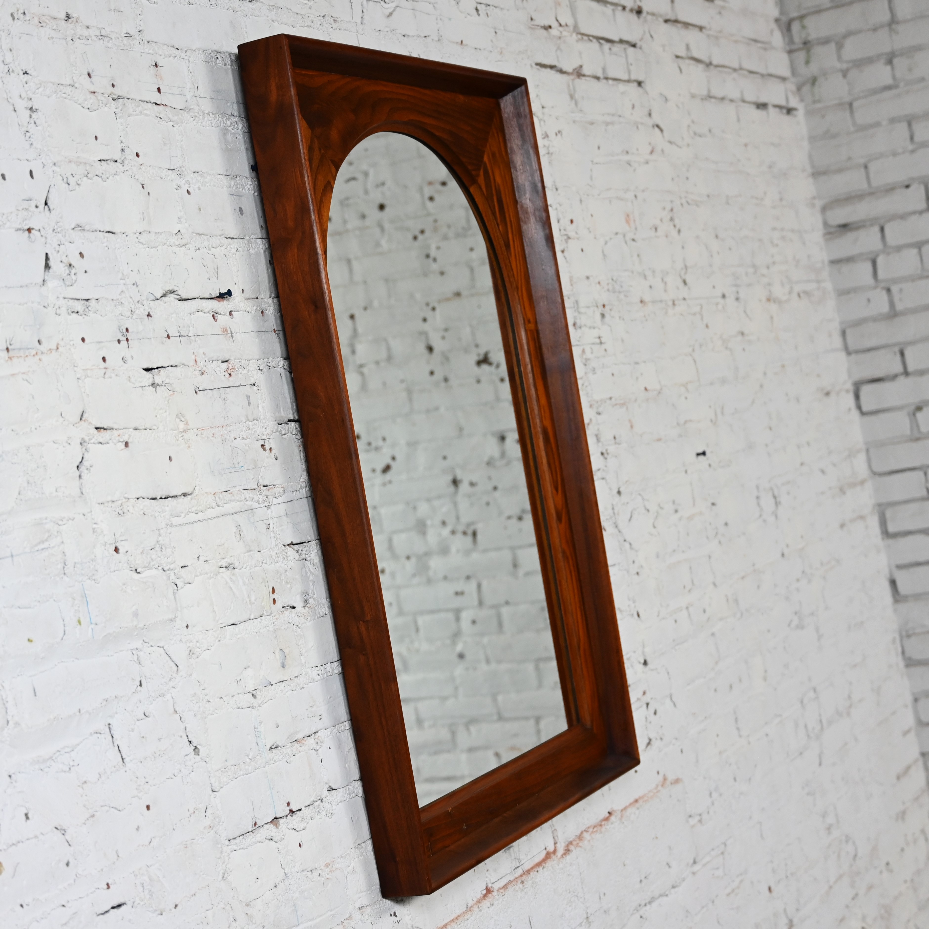 Mid Century Modern Framed Arch Mirror by Dillingham Pecky Cypress with Walnut Trim
