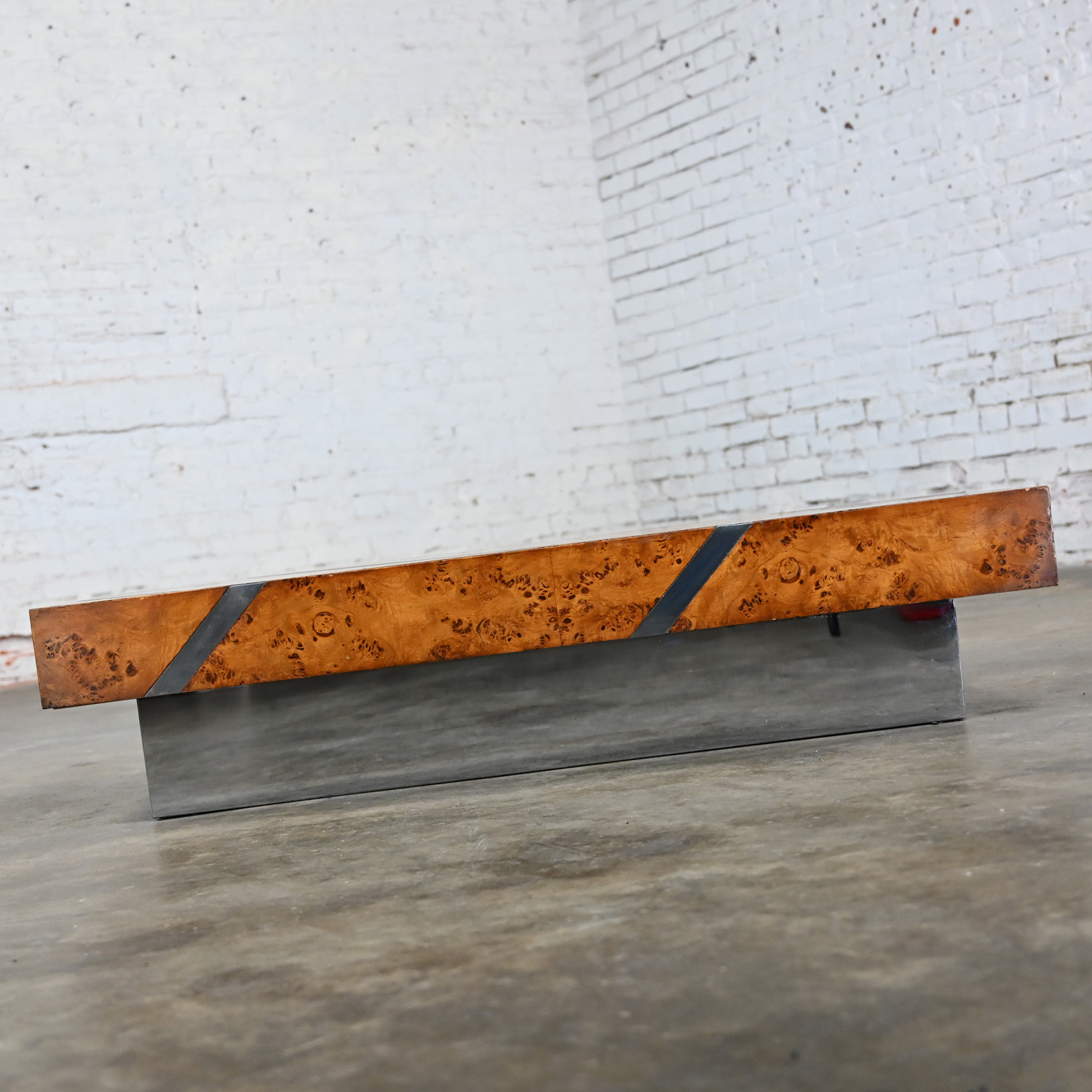 Late 20th Century Modern Burl Veneer Chrome & Polished Stainless Steel Floating Coffee Table Plinth Base