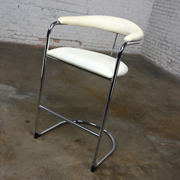 1980’s Bauhaus White Vinyl & Chrome Model SS33 Cantilever Barstool by Anton Lorenz for Thonet