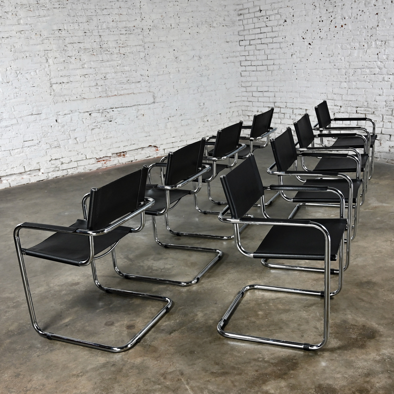 Late 20th Century Bauhaus Black Leather & Chrome Cantilever Italian Chairs Attributed to Mart Stam Set of 8
