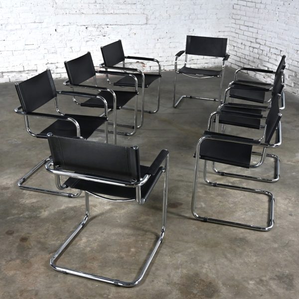 Late 20th Century Bauhaus Black Leather & Chrome Cantilever Italian Chairs Attributed to Mart Stam Set of 8