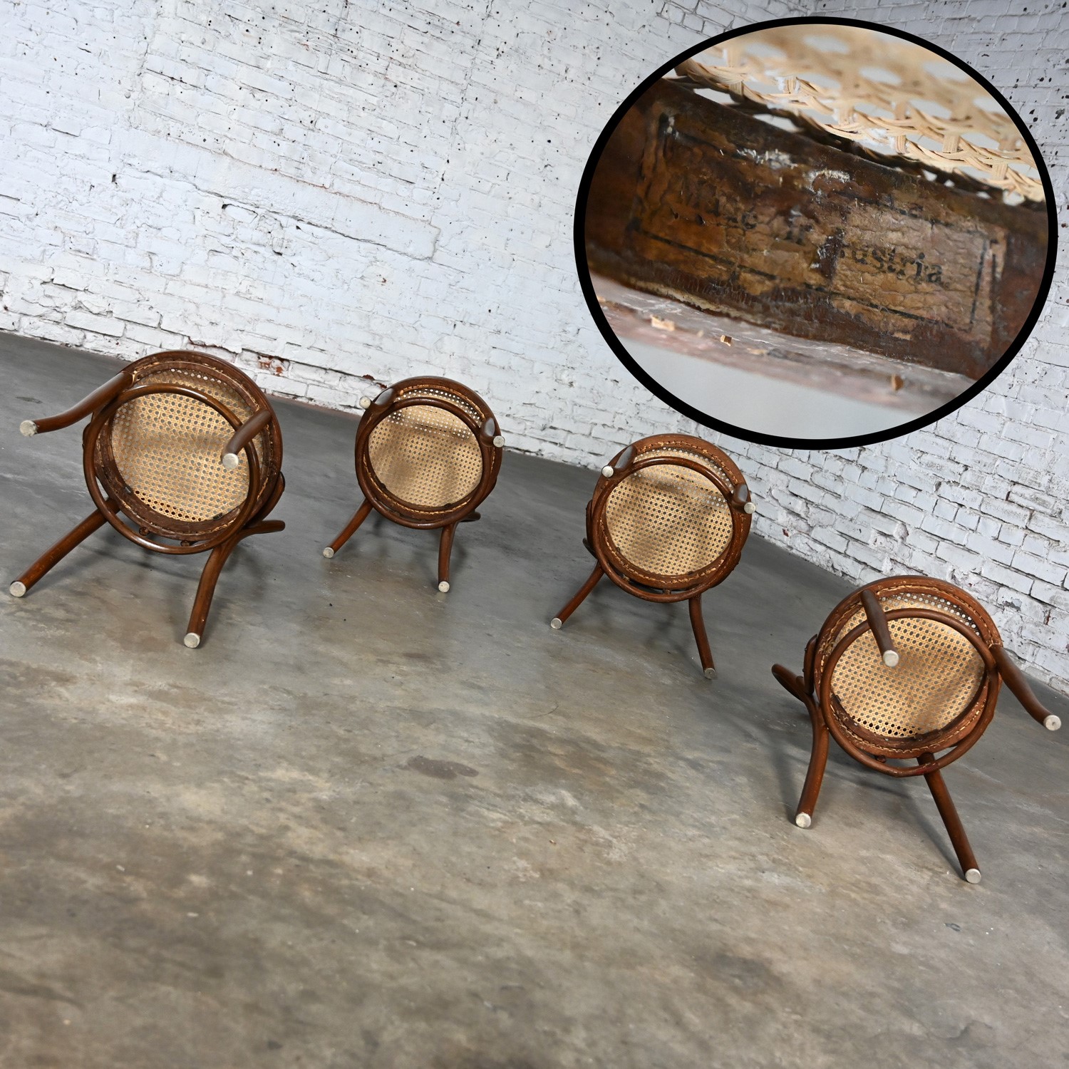 Four Late 19th to Early 20th Century Bauhaus Style #18 Café Chairs by Thonet Bentwood Frames & Hand Caned Seats