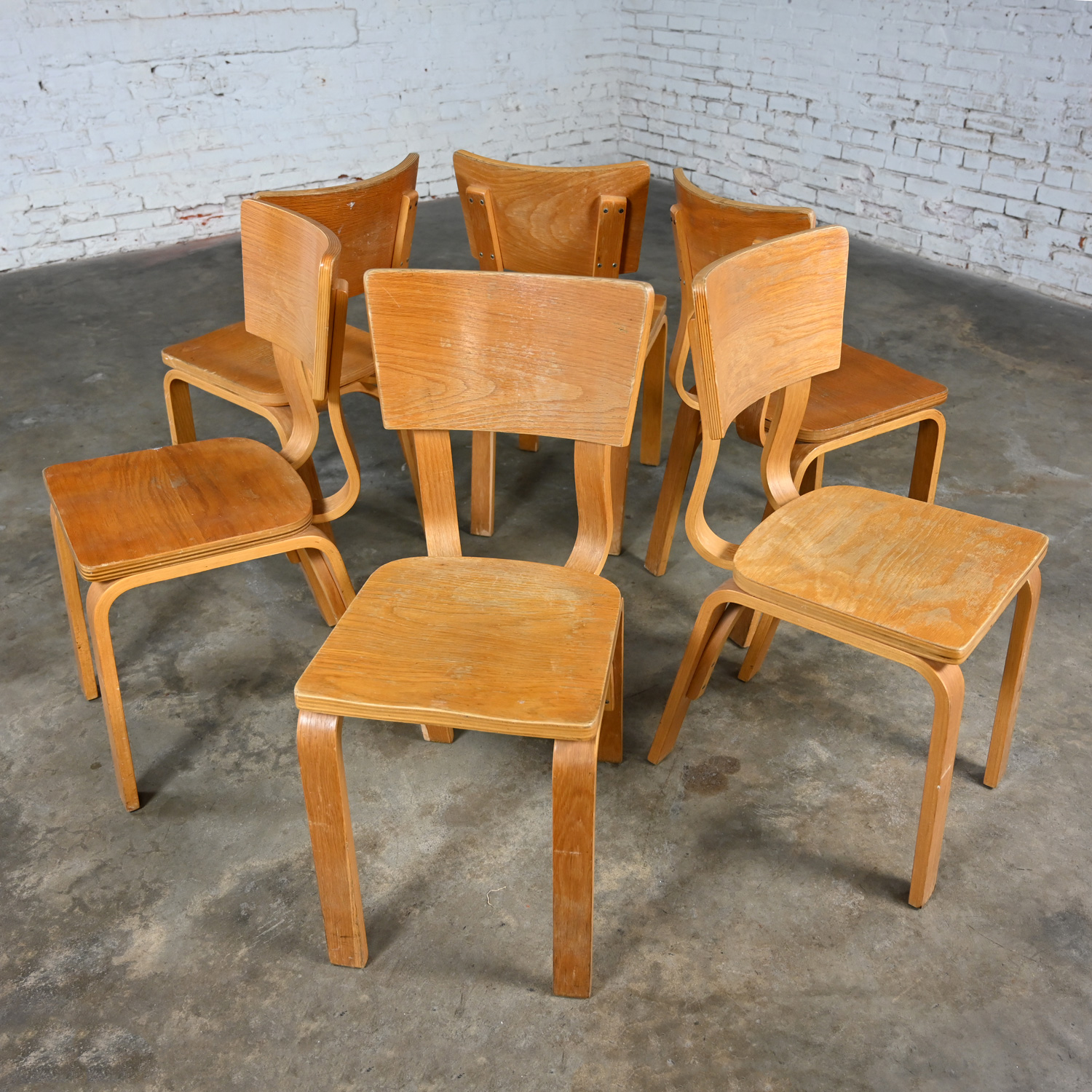 Set 6 Mid-20th Century MCM Thonet #1216 Dining Chairs Bent Oak Plywood Saddle Seat Single Bow