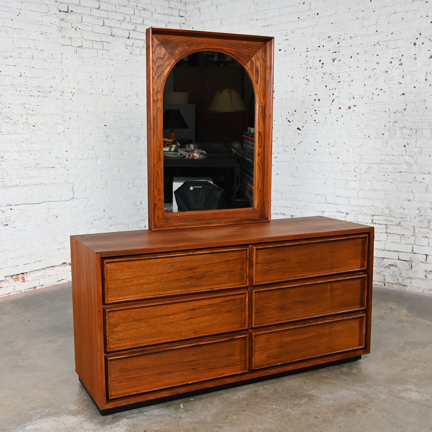 Mid Century Modern 6 Drawer Dresser with Framed Arch Mirror by Dillingham Walnut & Pecky Cypress