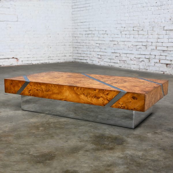 Late 20th Century Modern Burl Veneer Chrome & Polished Stainless Steel Floating Coffee Table Plinth Base