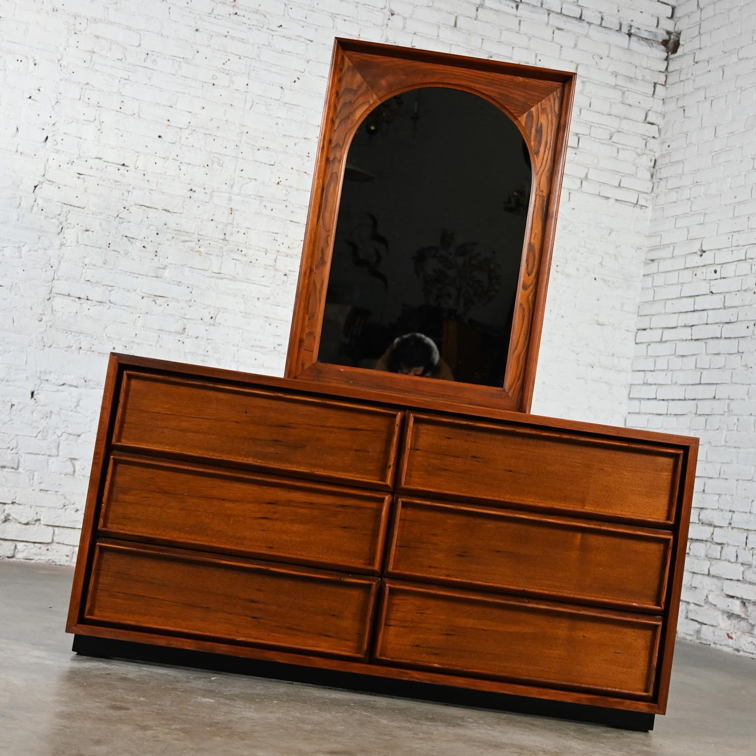 Mid Century Modern 6 Drawer Dresser with Framed Arch Mirror by Dillingham Walnut & Pecky Cypress