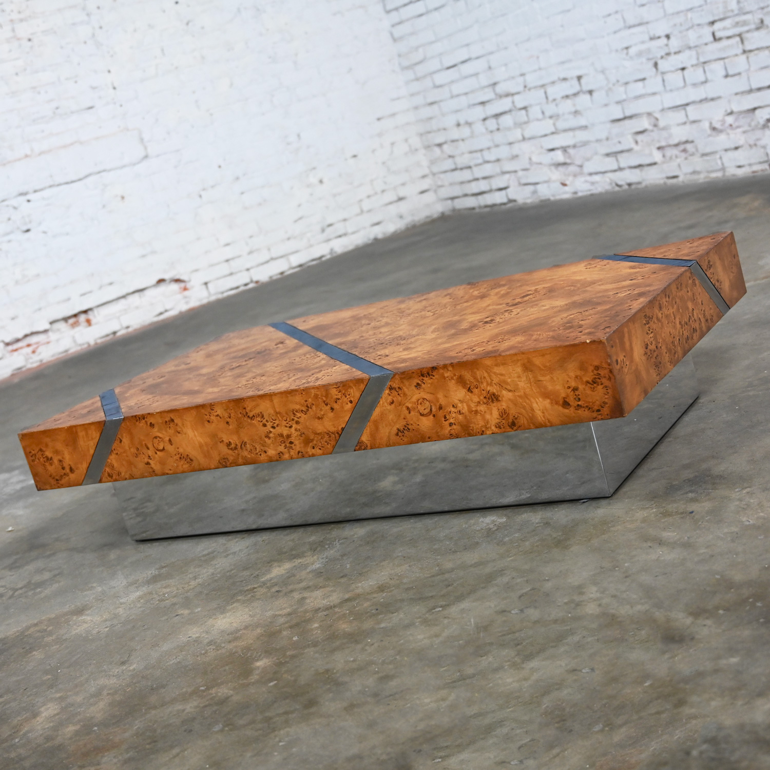 Late 20th Century Modern Burl Veneer Chrome & Polished Stainless Steel Floating Coffee Table Plinth Base