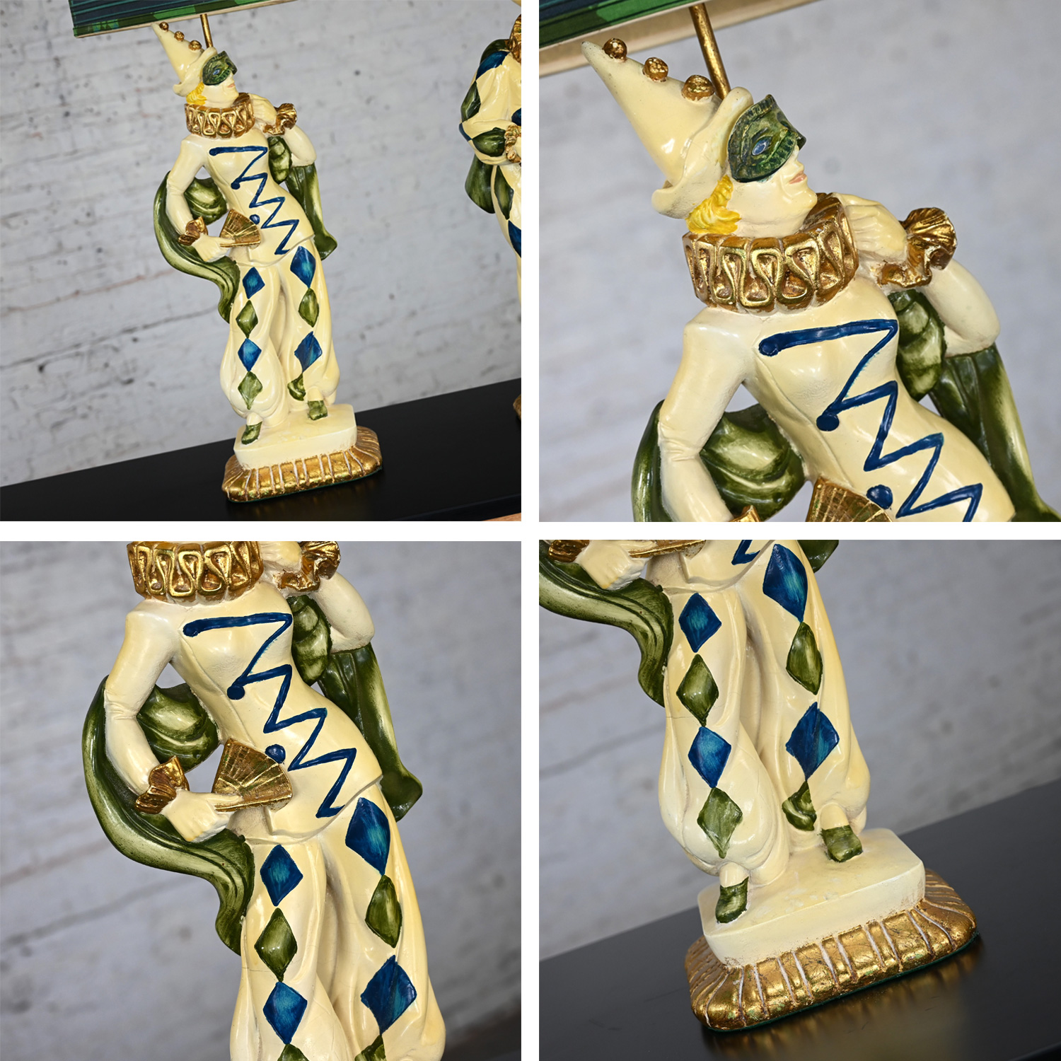 Mid-20th Century MCM Art Deco Figural Jester Harlequin Table Lamps Style of Marbro a Pair in Blue & Green