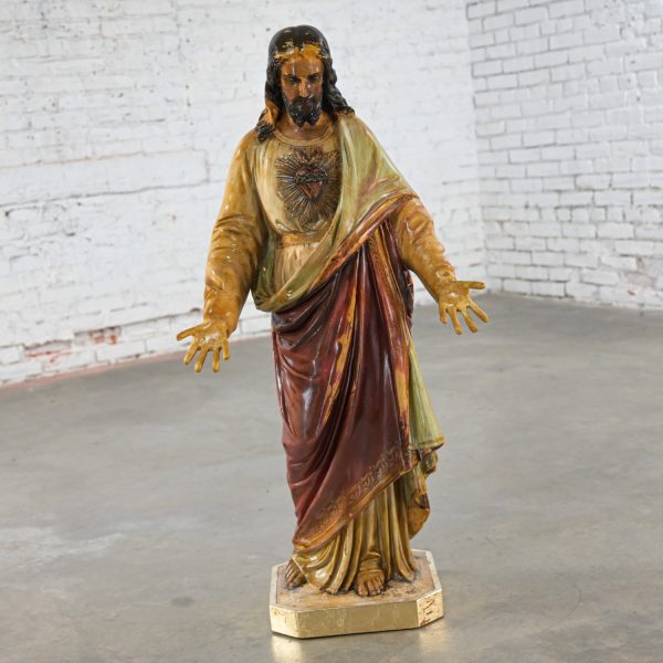 Late 19th to Early 20th Century Ecclesiastical Religious Art Sacred Heart of Jesus Plaster Statue Sculpture