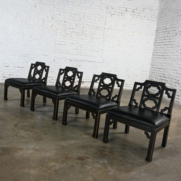 1971 Hollywood Regency Chinoiserie Chinese Chippendale Style Occasional Chairs by Thomasville Black Low Profile Set of 4