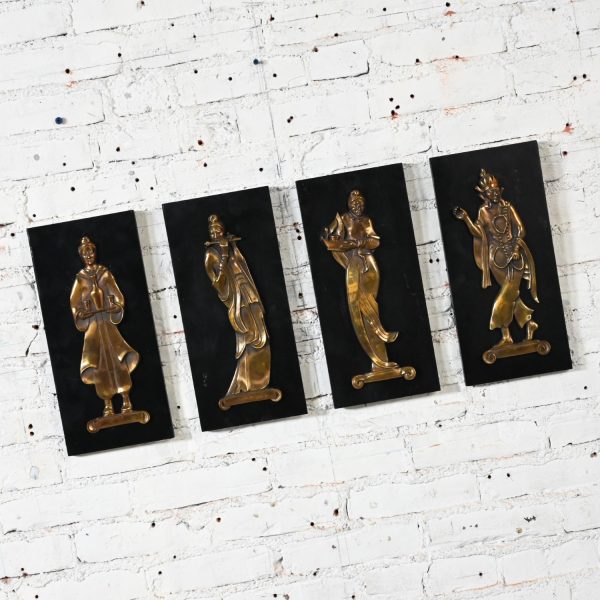 Mid-20th Century Asian Cast Bronze Figures on Black Wood Plaques Signed Gansu Set of 4