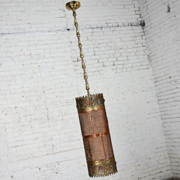 Mid-20th Century Moroccan or Moorish Style Embossed & Pierced Copper & Brass Pendant Light Fixture with Multicolored Jewels Made in India