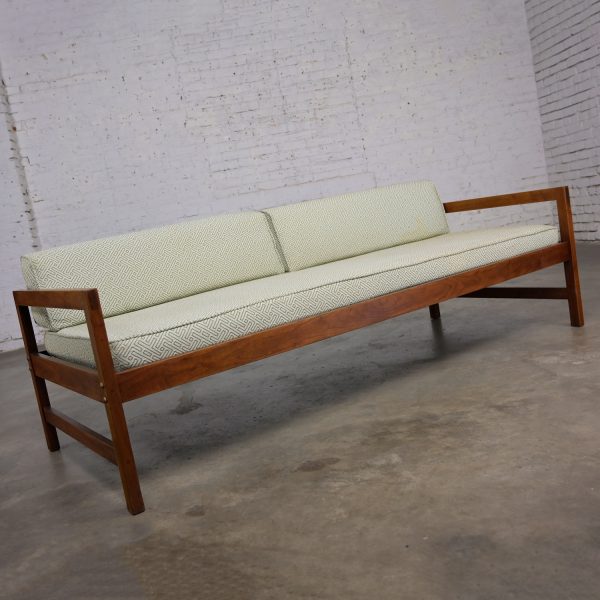 Mid-20th Century MCM Daybed Sofa Walnut Frame with Arms & Gray-Blue Upholstery & Stram Springs