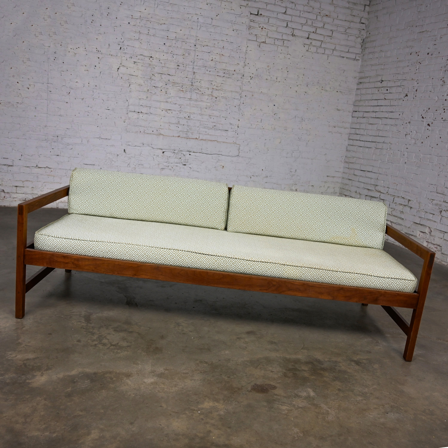 Mid-20th Century MCM Daybed Sofa Walnut Frame with Arms & Gray-Blue Upholstery & Stram Springs