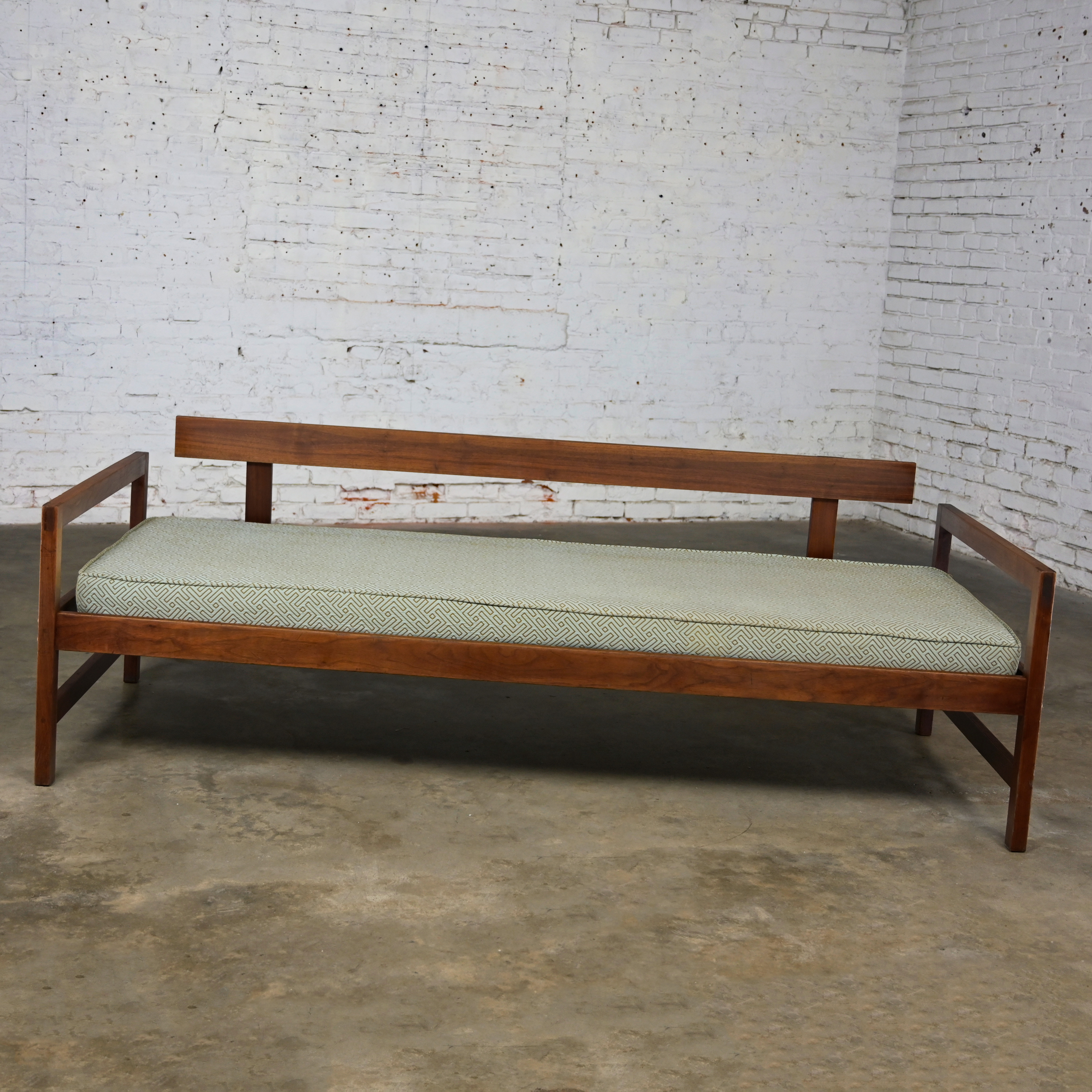 Mid-20th Century MCM Daybed Sofa Walnut Frame with Arms & Gray-Blue Upholstery & Stram Springs
