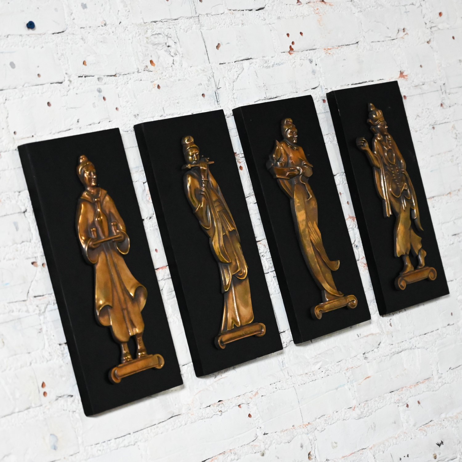 Mid-20th Century Asian Cast Bronze Figures on Black Wood Plaques Signed Gansu Set of 4
