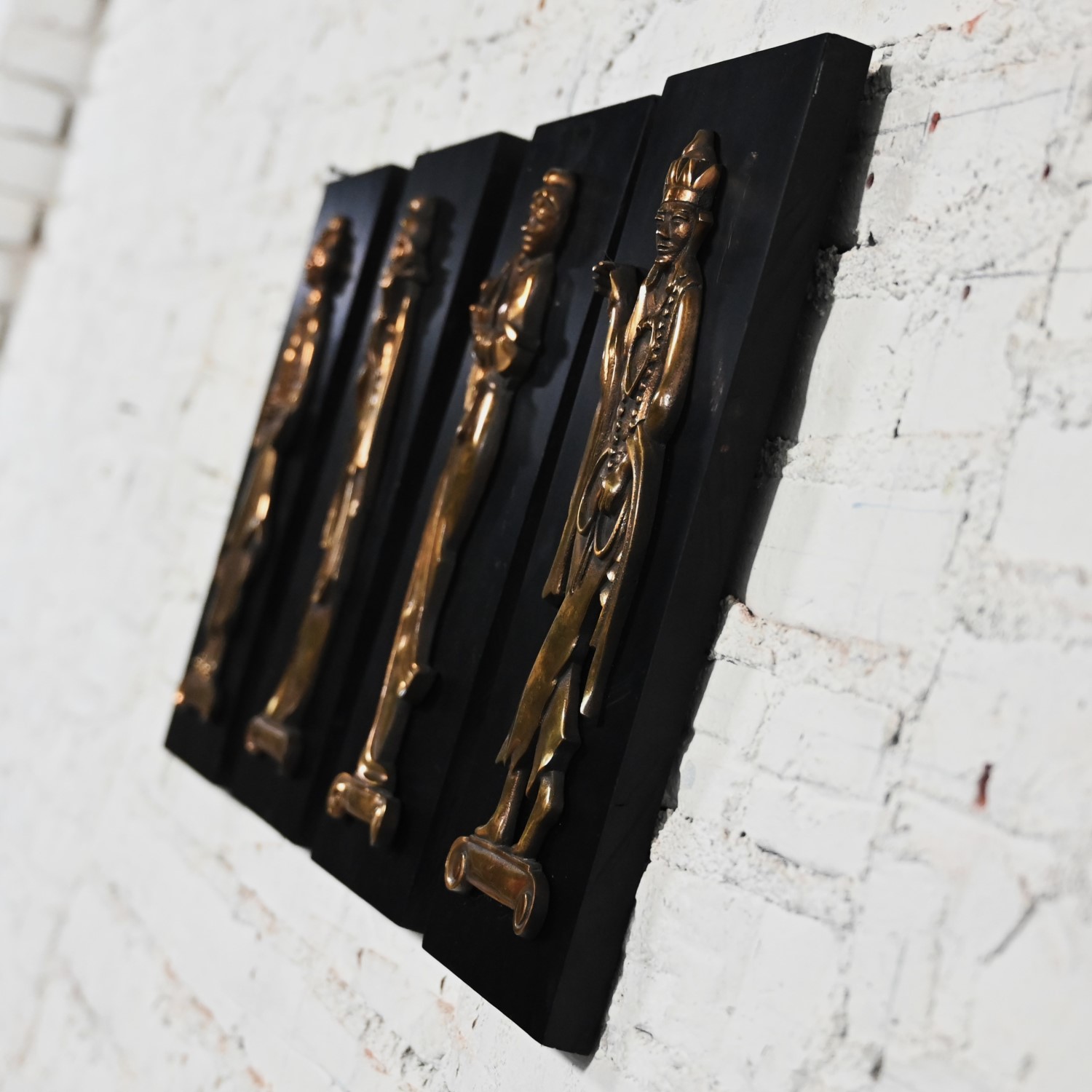 Mid-20th Century Asian Cast Bronze Figures on Black Wood Plaques Signed Gansu Set of 4