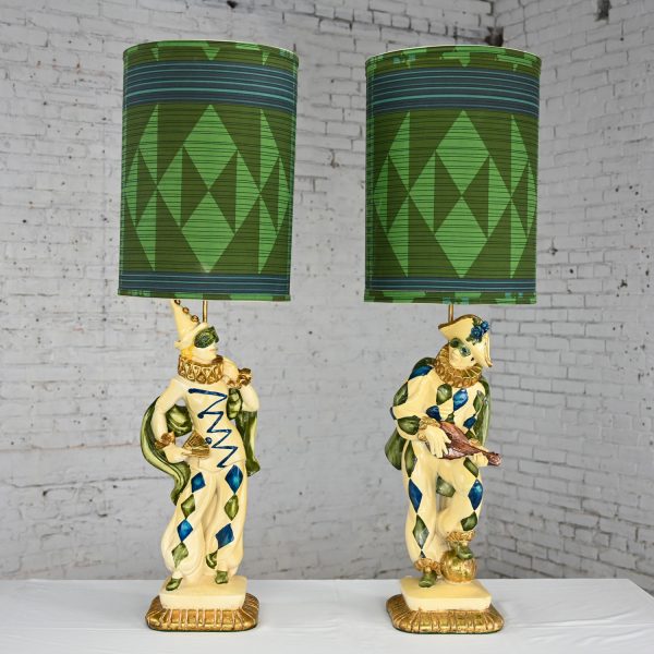 Mid-20th Century MCM Art Deco Figural Jester Harlequin Table Lamps Style of Marbro a Pair in Blue & Green