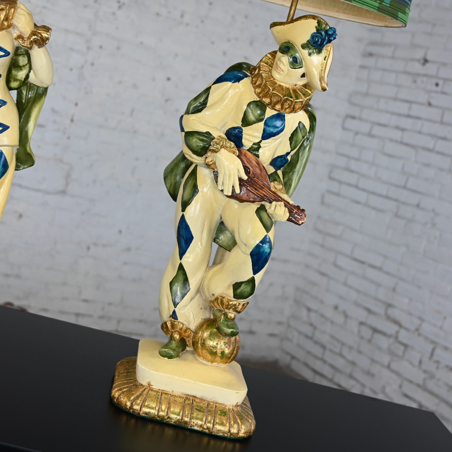 Mid-20th Century MCM Art Deco Figural Jester Harlequin Table Lamps Style of Marbro a Pair in Blue & Green