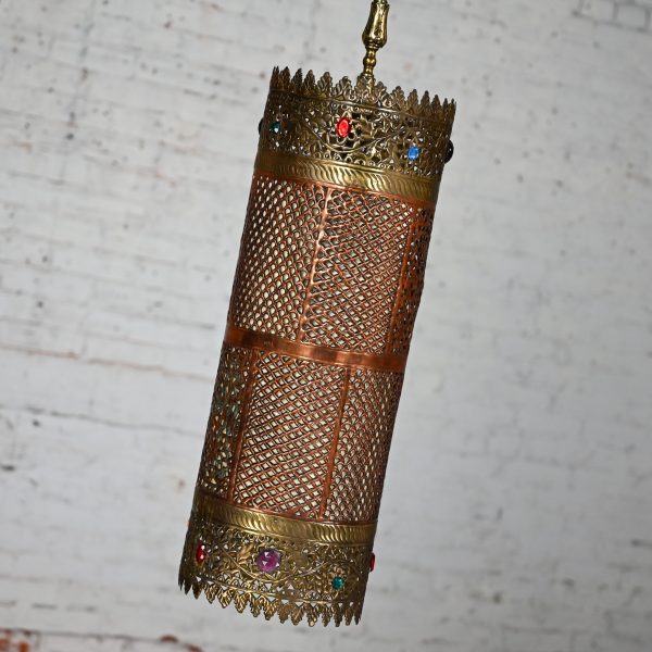 Mid-20th Century Moroccan or Moorish Style Embossed & Pierced Copper & Brass Pendant Light Fixture with Multicolored Jewels Made in India