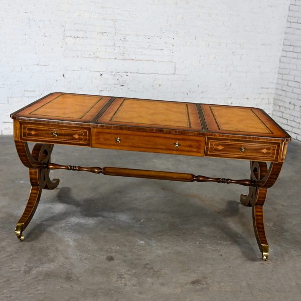 Late 20th Century Regency Style Mahogany Faux Partners Desk Leather & Brass Detail by Maitland-Smith