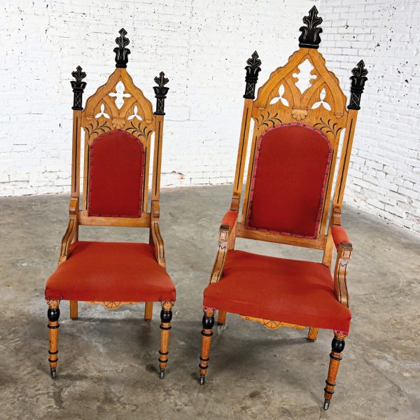 Late 19th to Early 20th Century Red & Oak Gothic Revival Ecclesiastical His & Hers Throne Chairs a Pair