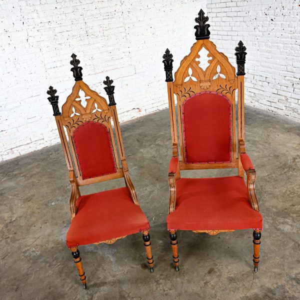 Late 19th to Early 20th Century Red & Oak Gothic Revival Ecclesiastical His & Hers Throne Chairs a Pair