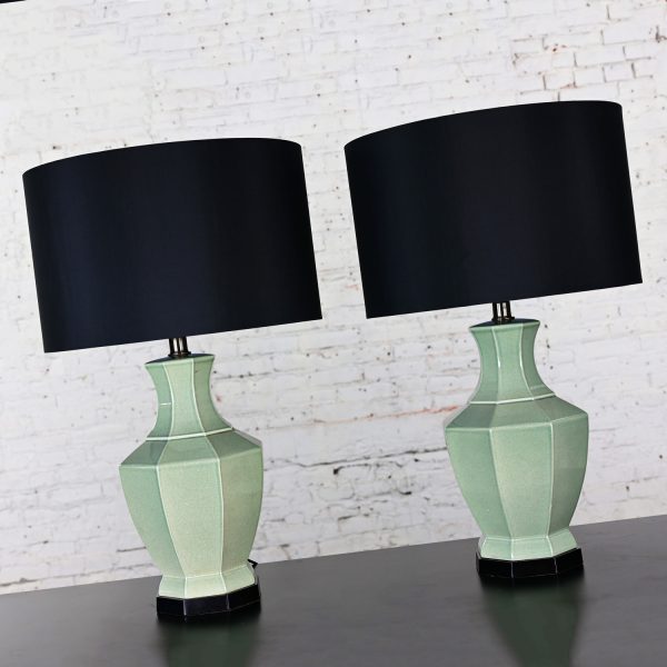 Late 20th Century Chinoiserie Celadon Jade Green Celadon Octagon Urn Shaped Table Lamps a Pair with Black Shades