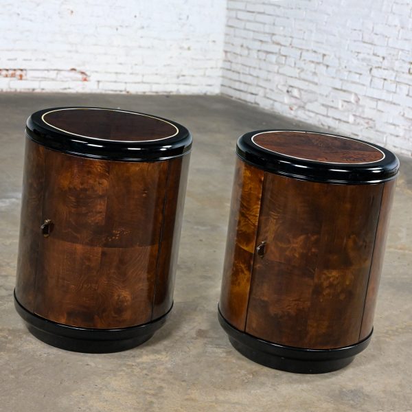 Late 20th Century Henredon Modern Black Lacquer & Burl Cylinder End Table Cabinets or Nightstands, a Pair