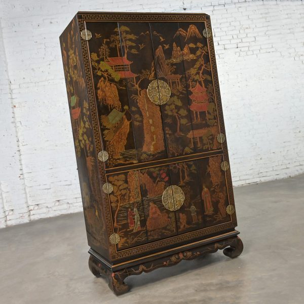 Late 20th Century Henredon Folio 10 Chinoiserie Entertainment Storage Cabinet or Armoire with Painted Scenic Designs