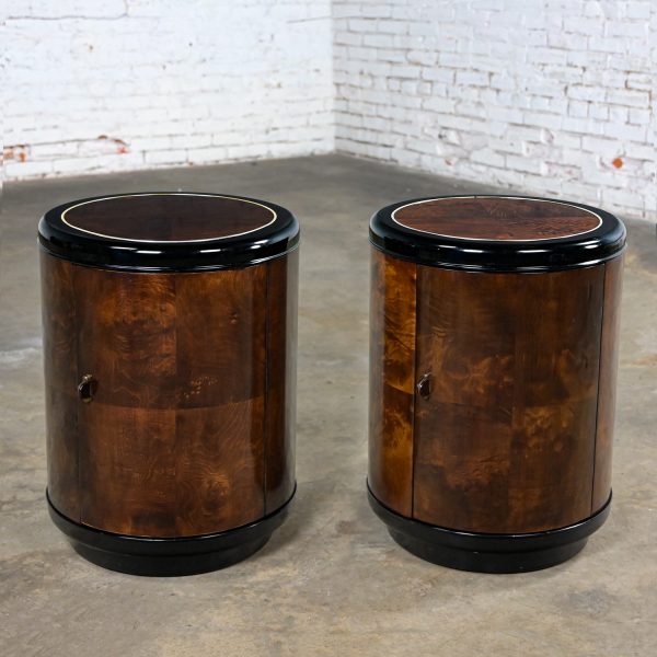 Late 20th Century Henredon Modern Black Lacquer & Burl Cylinder End Table Cabinets or Nightstands, a Pair