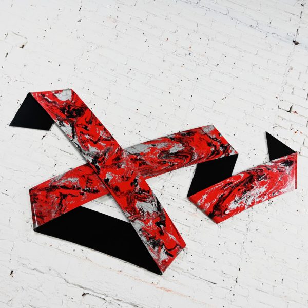 1990 Abstract Richard Mann Folded Plexiglass Ribbon Wall Sculpture Red Black & Metallic Silver