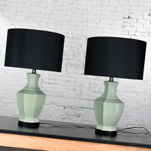 Late 20th Century Chinoiserie Celadon Jade Green Celadon Octagon Urn Shaped Table Lamps a Pair with Black Shades