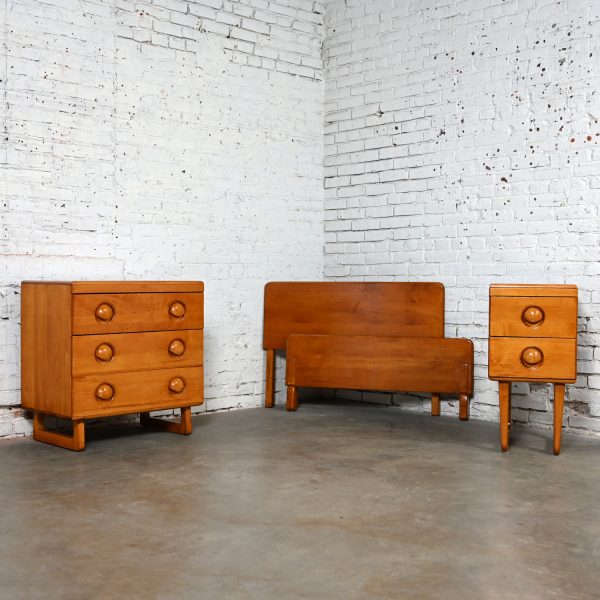 Early to Mid-20th Century Art Moderne Maple Twin Bed Headboard Footboard Small Chest & Nightstand 3 Piece Set