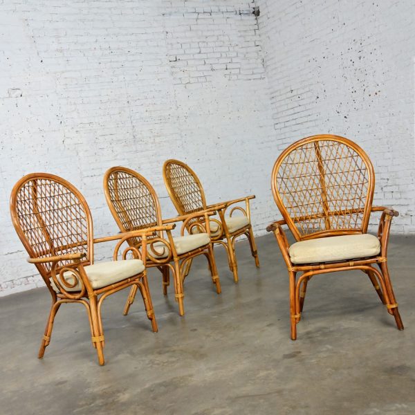 Late 20th Century Coastal Island Style or Hollywood Regency Balloon Back Rattan Dining Chairs Off White Seats Set of 4