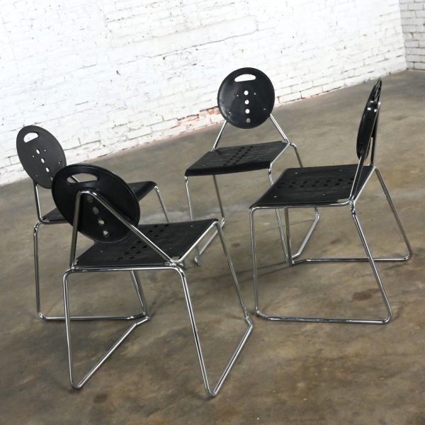 1980’s Post Modern Segis Italia Black Plastic & Chrome Charlie Collection Cantilever Chairs by Carlo Bimbi & Nilo Gioacchini Made in Italy